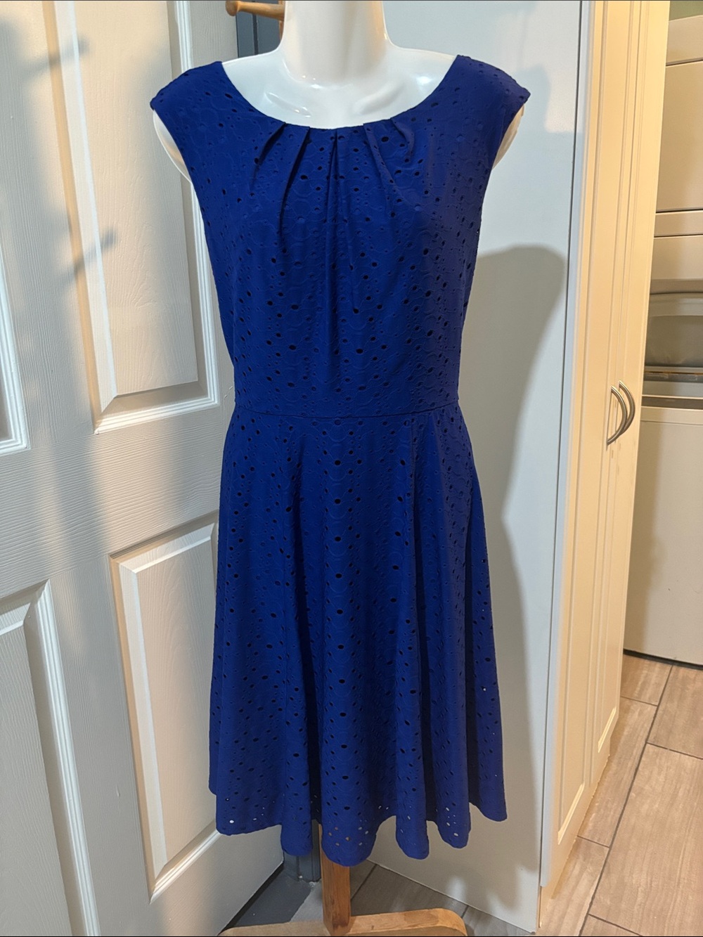 London Style Royal Blue Eyelet Cap-Sleeve Fit-and-Flare Dress